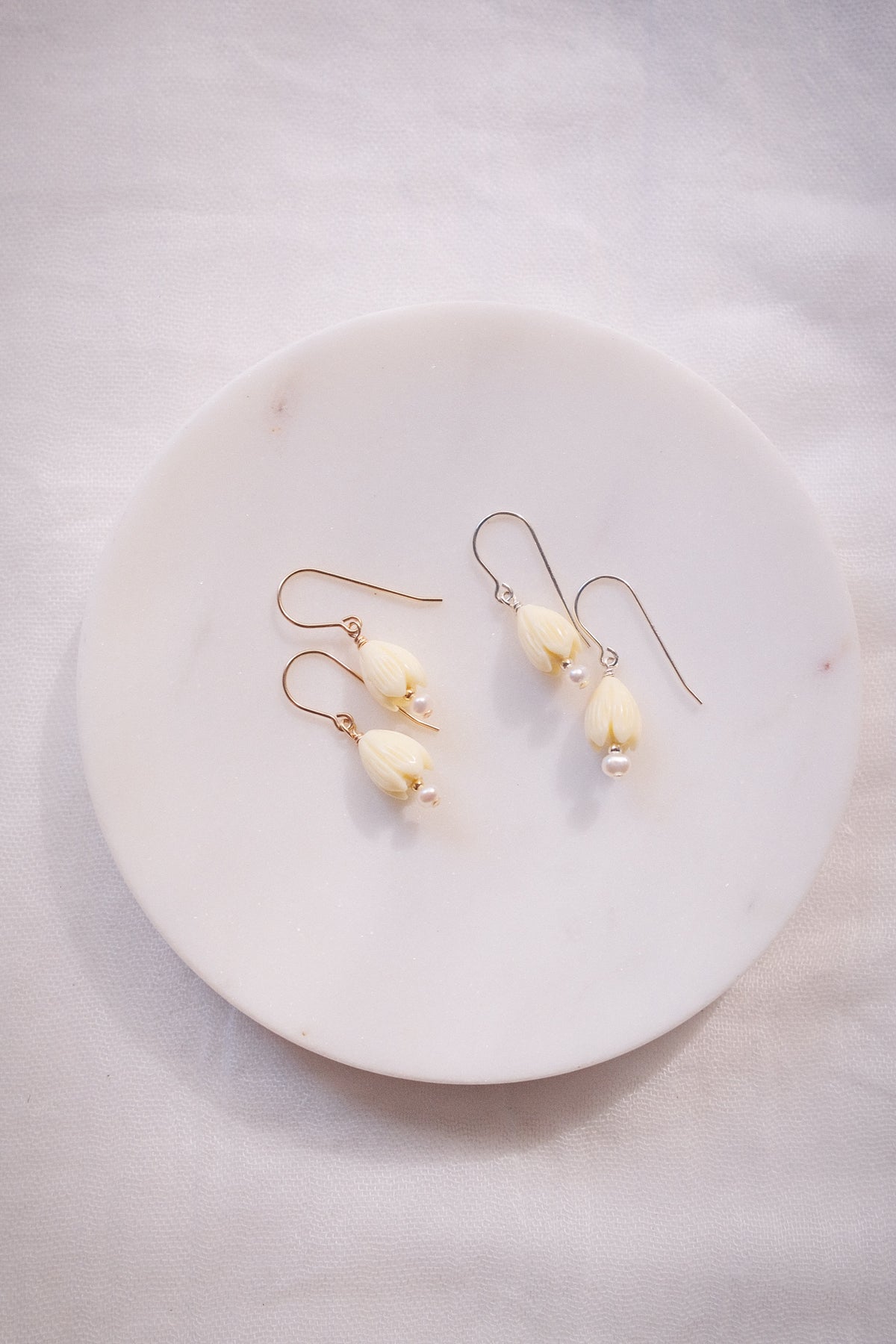 Resin Pikake & Pearl Drop Earrings - Gold or Silver Kupuna