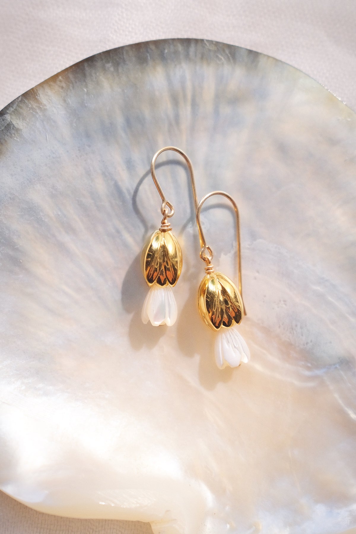 Mother of Pearl & Gold Pikake Dangle Earrings - Lāhela
