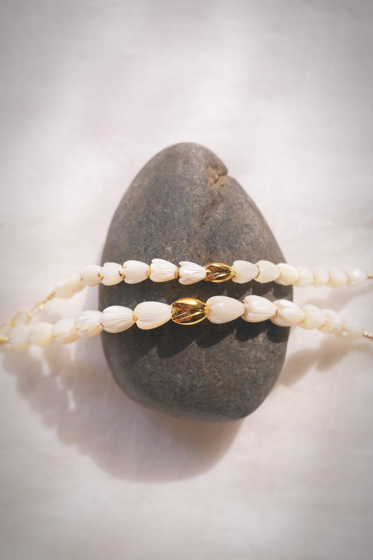 Mother of Pearl & Gold Pikake Beaded Bracelet - Gold Hāweo