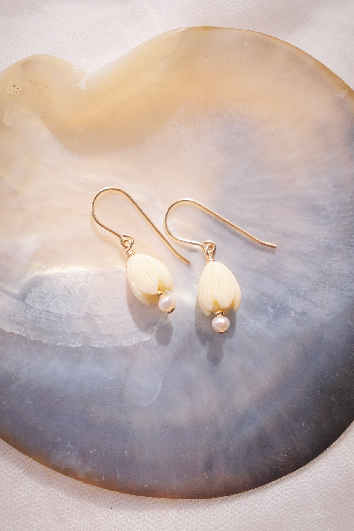 Resin Pikake & Pearl Drop Earrings - Gold or Silver Kupuna