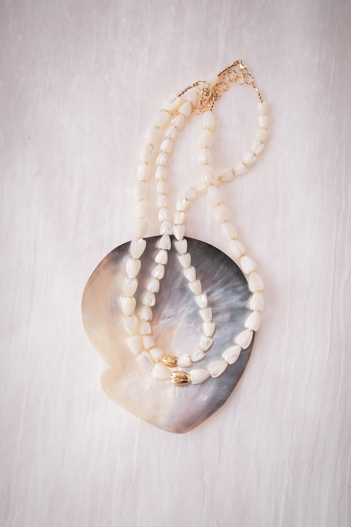 Mother of Pearl & Gold Pikake Beaded Necklace - Gold Hāweo