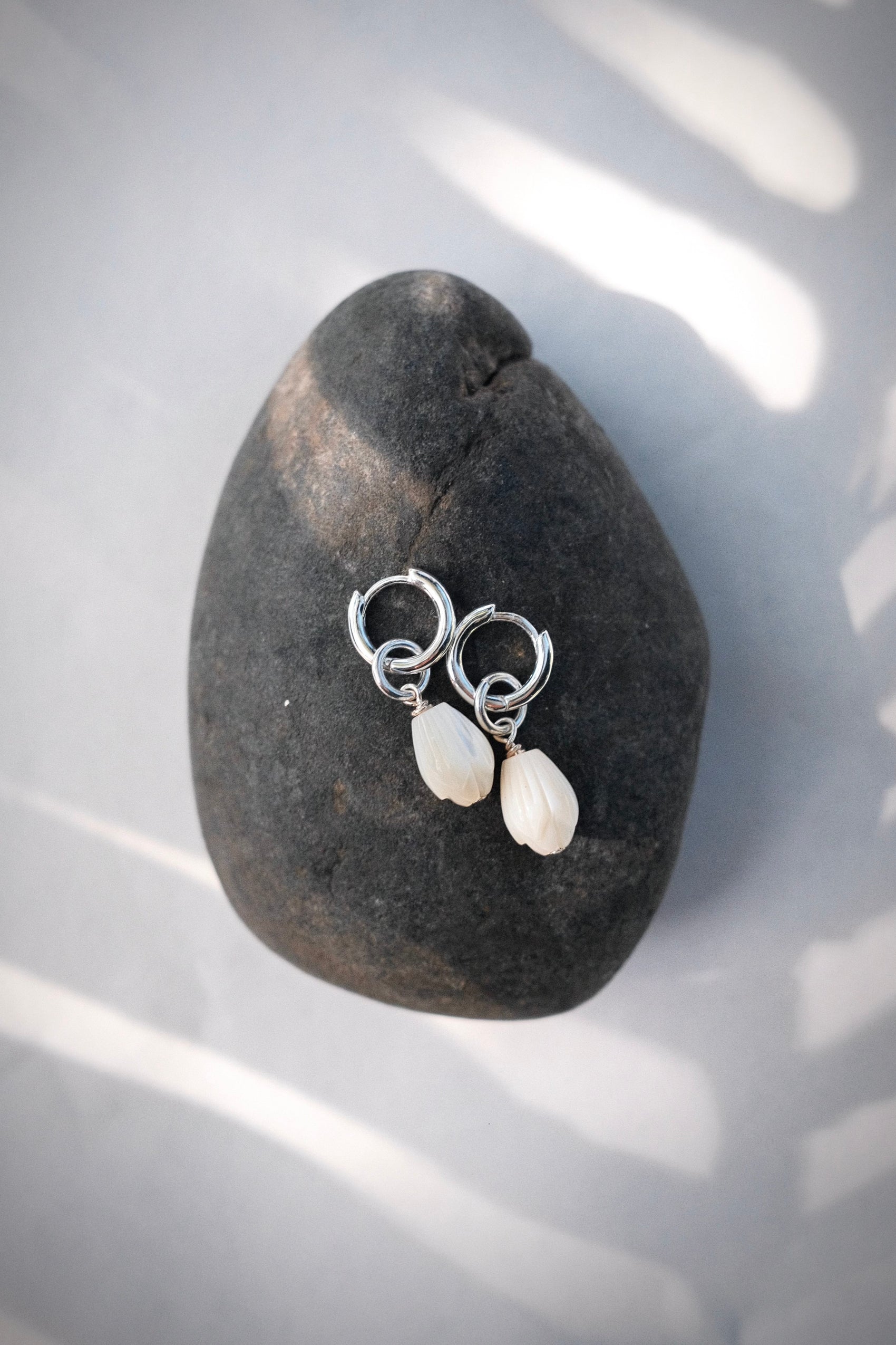 Silver Mother of Pearl Flower Lei Charm Huggie Hoop Earrings - Lei