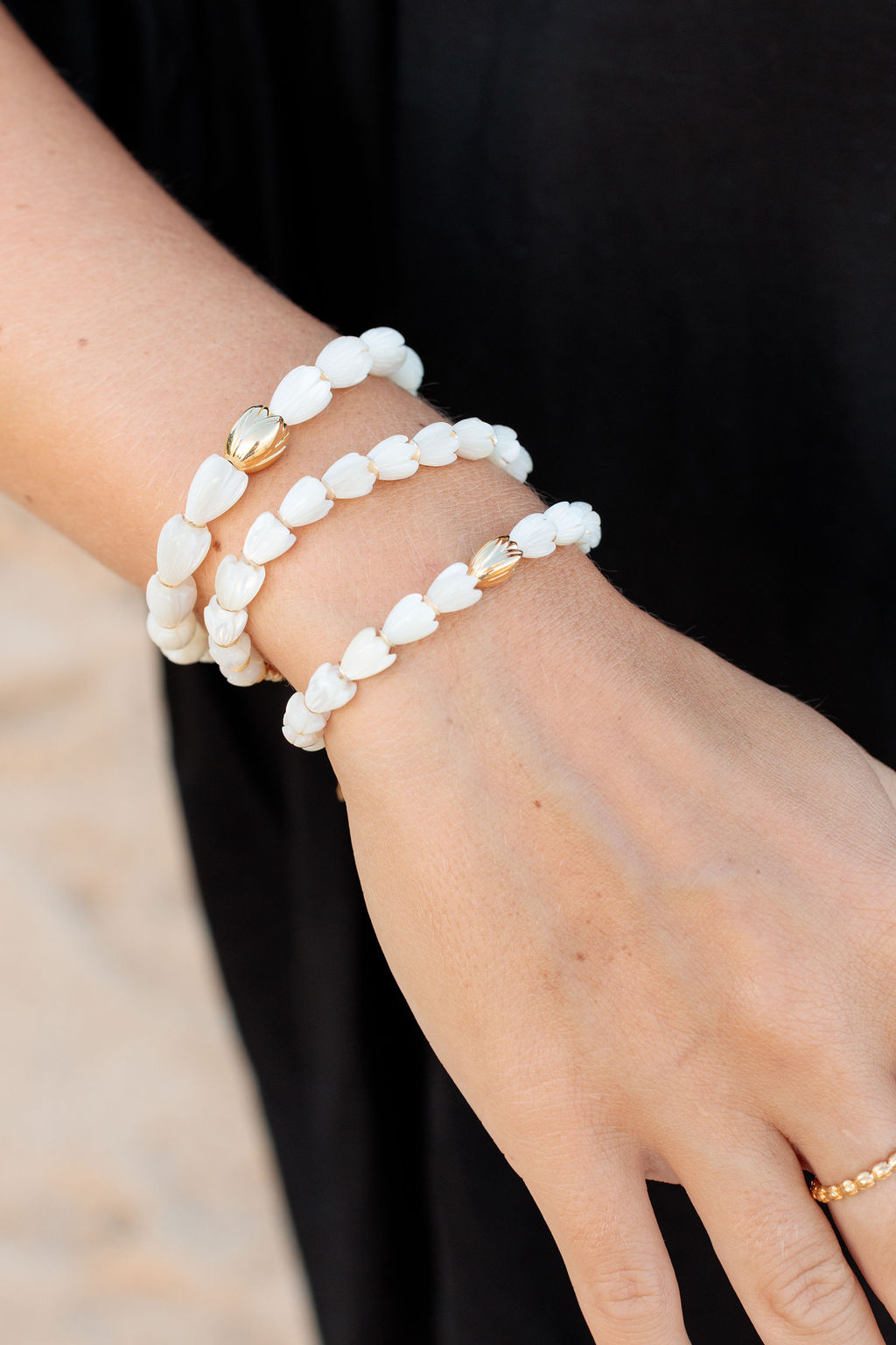 Mother of Pearl & Gold Pikake Beaded Bracelet - Gold Hāweo