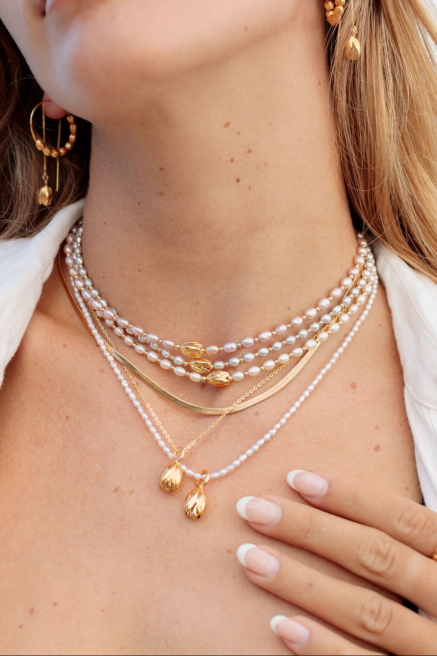 Tiny Pearl Strand Necklace with Pikake Pendant - Mikioi