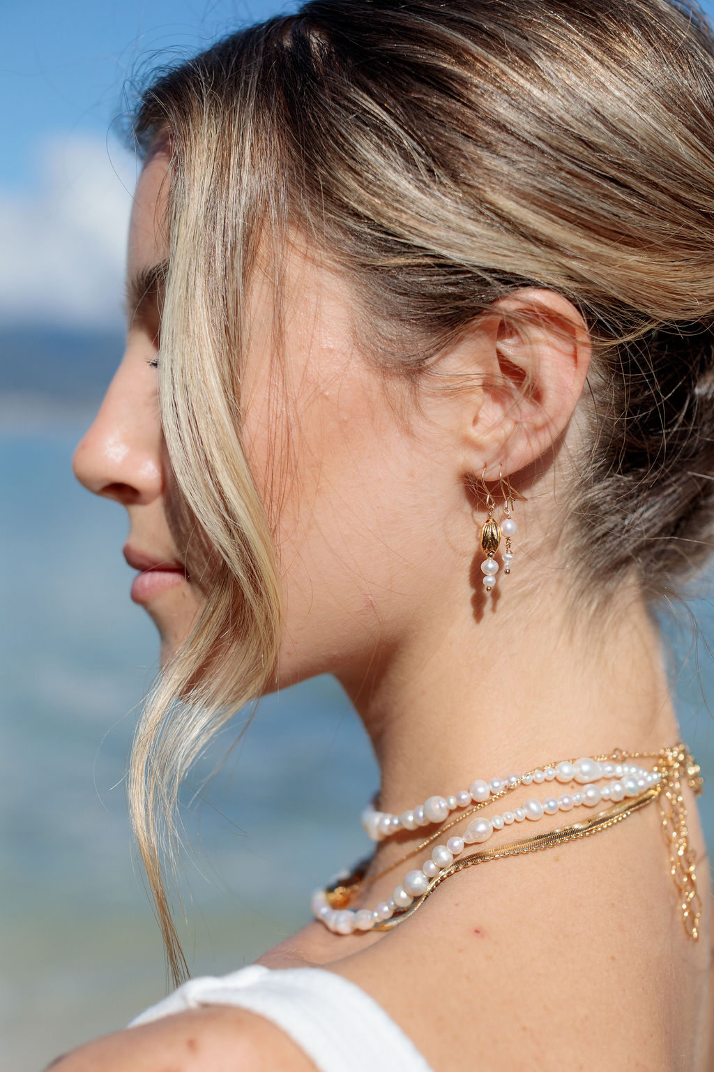 Gold Pikake & Pearl Dangle Earrings - Makamae