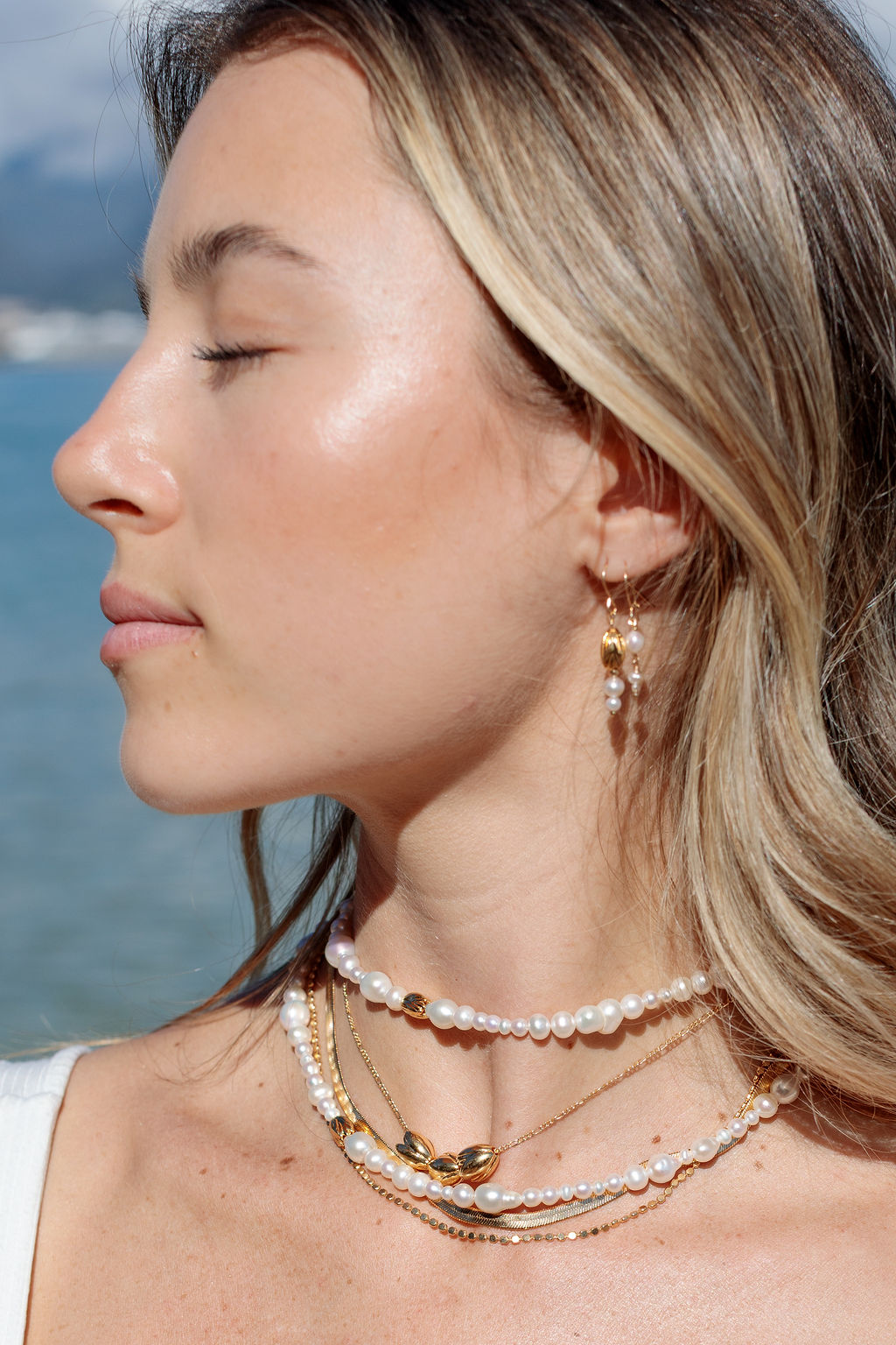 Gold Pikake & Pearl Dangle Earrings - Makamae