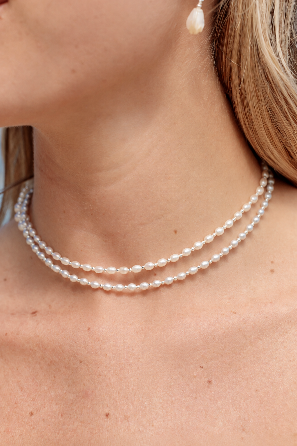 White Rice Pearl & Silver Bead Adjustable Necklace - Silver Keʻokeʻo