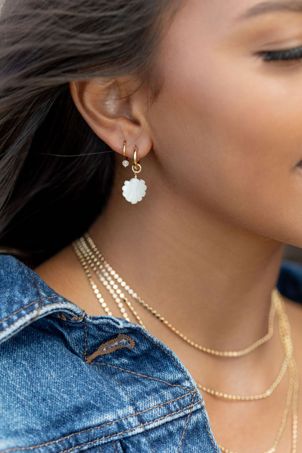 Gold Mother of Pearl Shell Charm Huggie Hoop Earrings - Lanikai