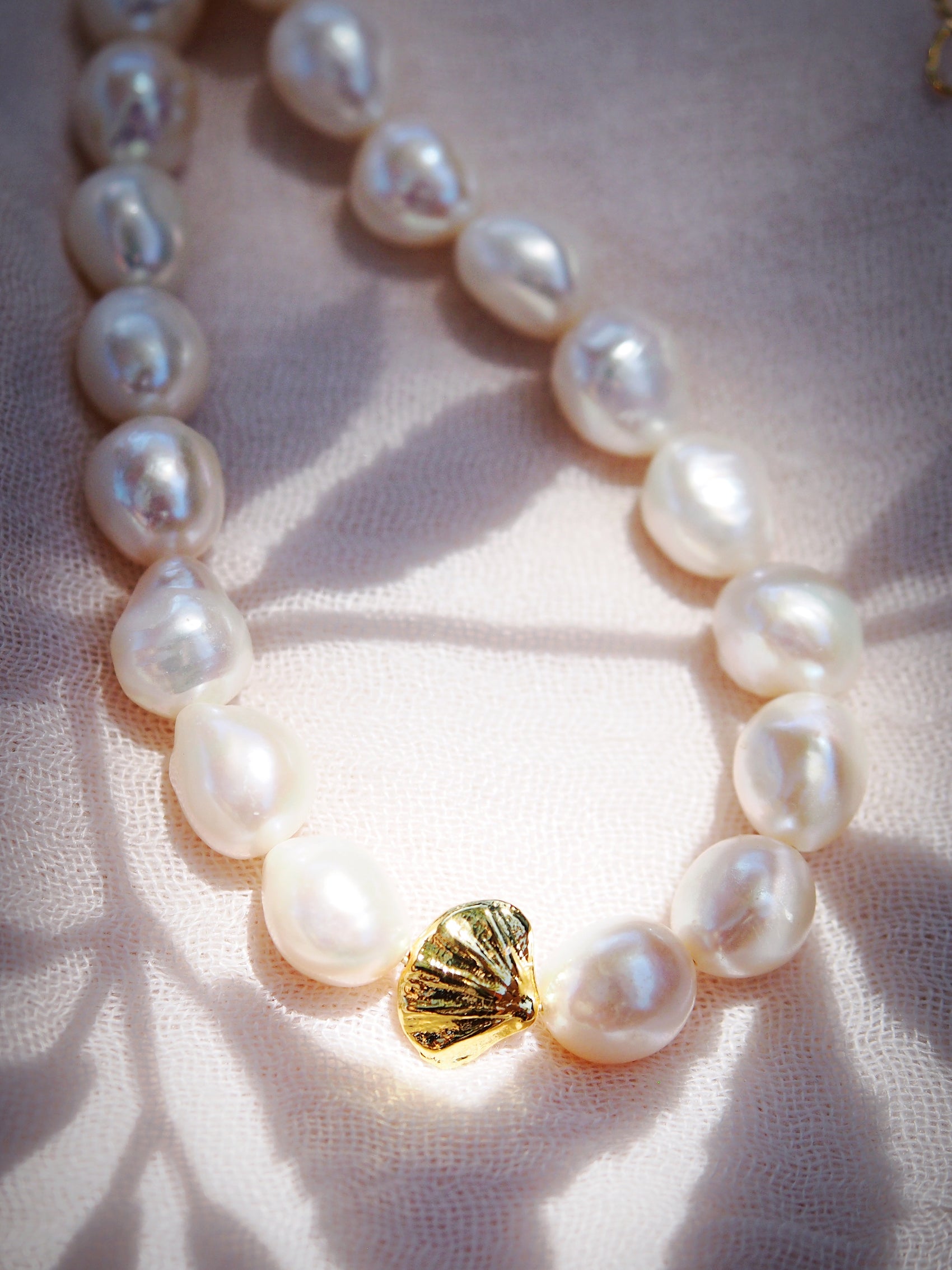 Sale - Chunky White Pearl Necklace with Gold Seashell - Nanea