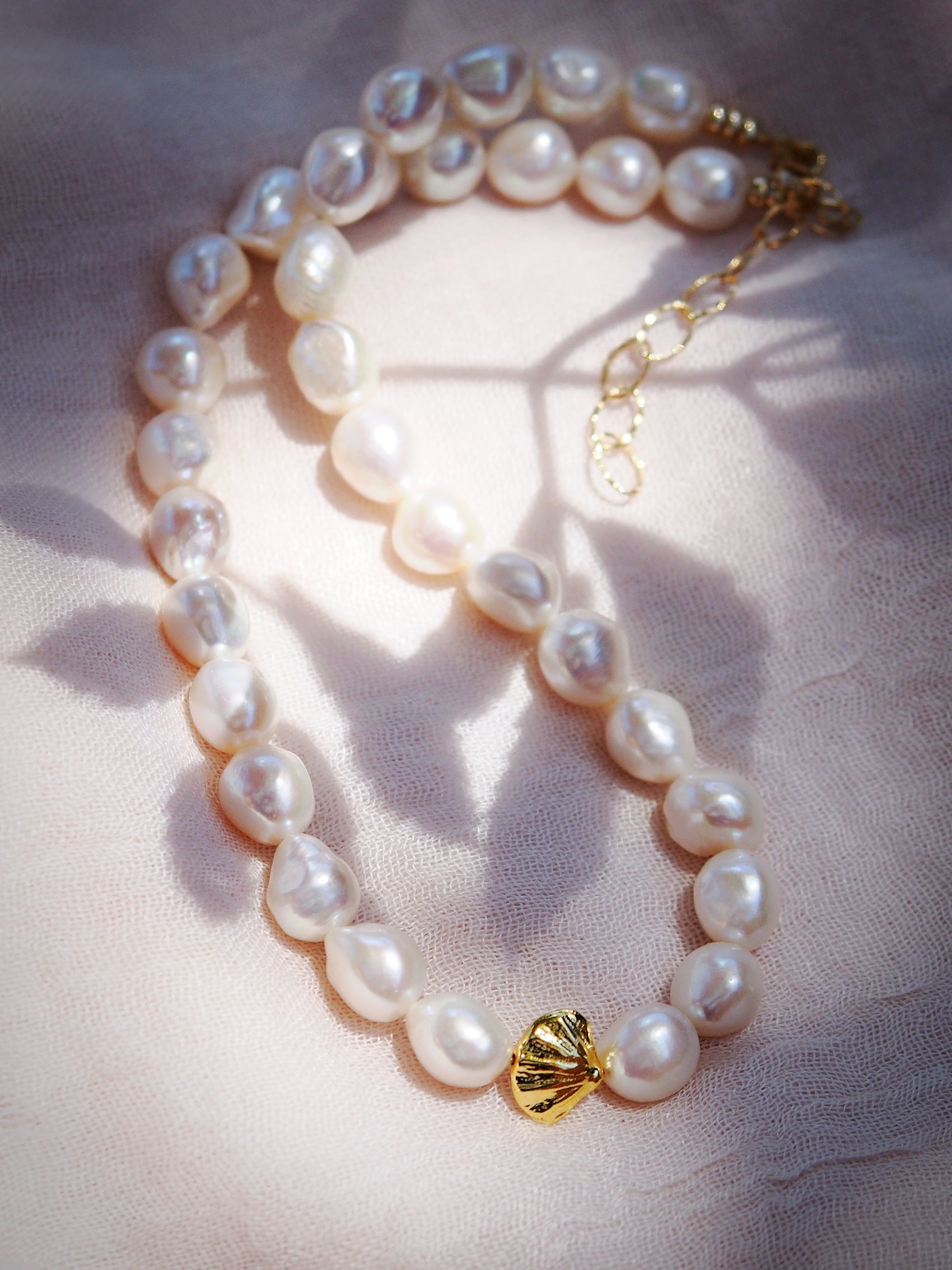 Sale - Chunky White Pearl Necklace with Gold Seashell - Nanea