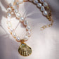 Sale - Statement White Pearl Necklace with Gold Shell Pendant - Kawai