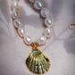 Sale - Statement White Pearl Necklace with Gold Shell Pendant - Kawai