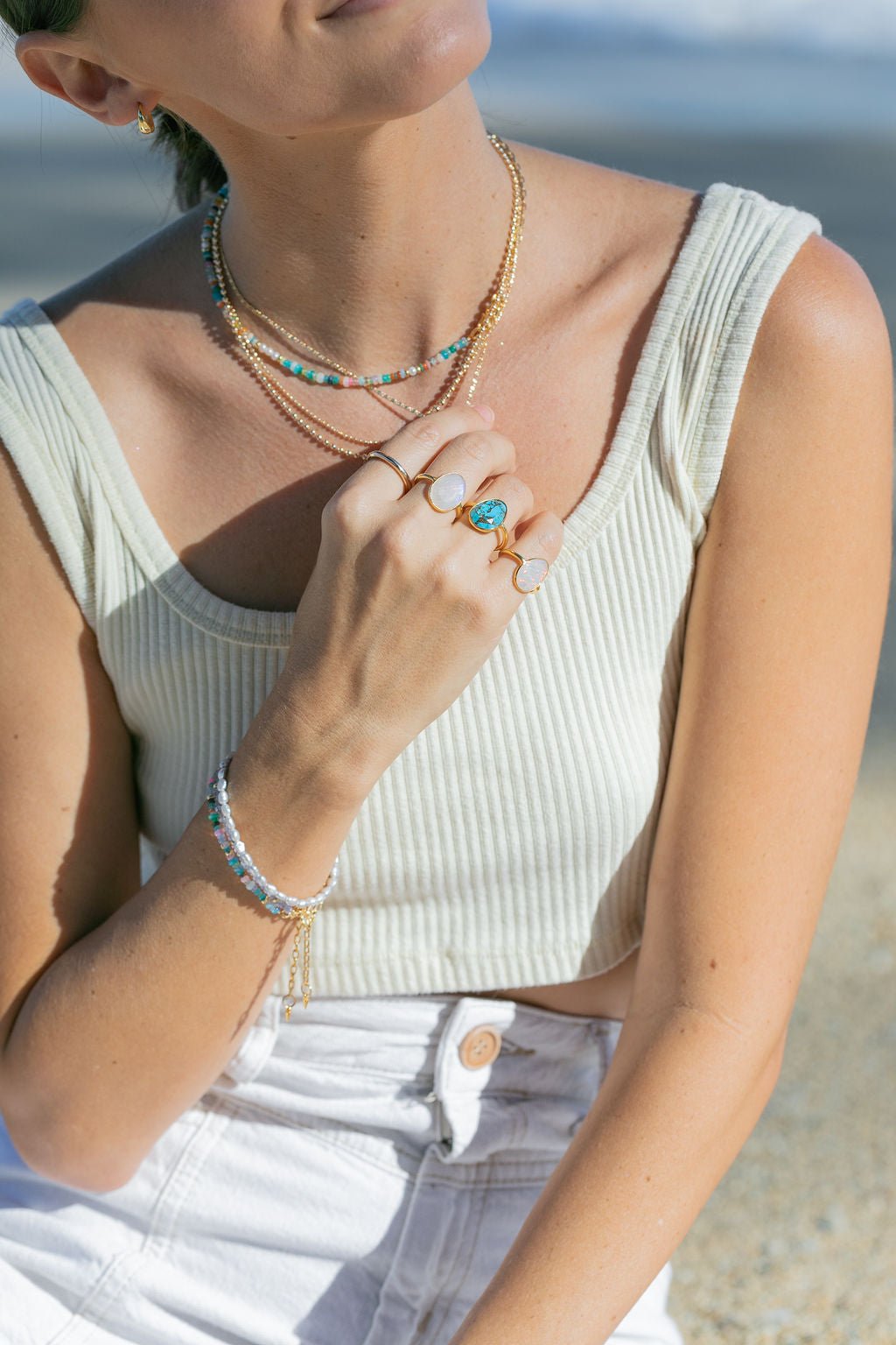 Gold Necklace - Asymmetrical Mixed Opal & Gold Chain Necklace - Hau’oli - ke aloha jewelry