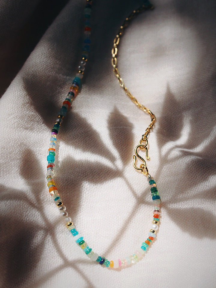 Gold Necklace - Asymmetrical Mixed Opal & Gold Chain Necklace - Hau’oli - ke aloha jewelry