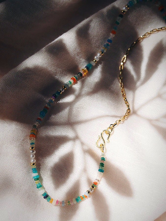 Gold Necklace - Asymmetrical Mixed Opal & Gold Chain Necklace - Hau’oli - ke aloha jewelry
