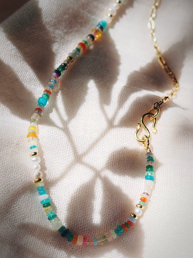 Gold Necklace - Asymmetrical Mixed Opal & Gold Chain Necklace - Hau’oli - ke aloha jewelry