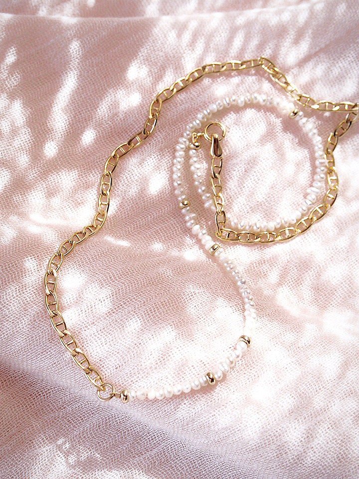 - Asymmetrical Pearl & Gold Chain Necklace - Alohilohi - ke aloha jewelry