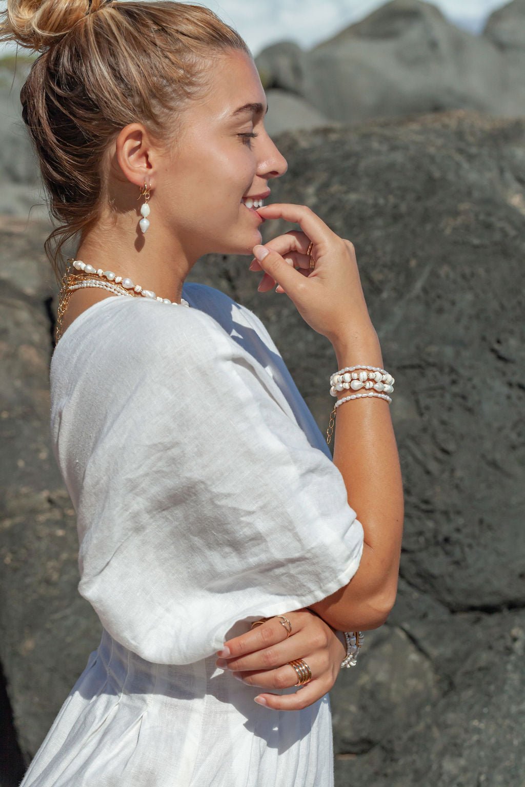 Gold Asymmetrical Pikake & Pearl Earrings