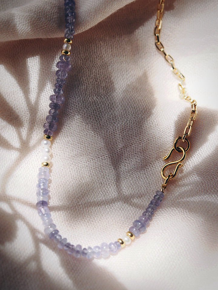Gold Necklace - Asymmetrical Tanzanite & Gold Chain Necklace - Ke'ala - ke aloha jewelry