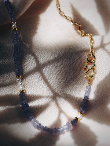 Gold Necklace - Asymmetrical Tanzanite & Gold Chain Necklace - Ke'ala - ke aloha jewelry