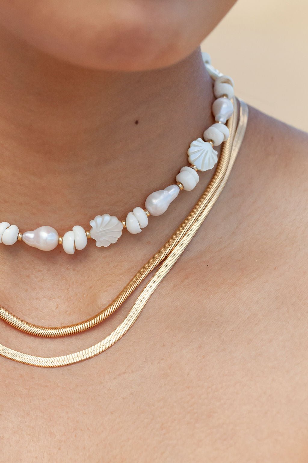 Gold Necklace - Baroque Pearl Scallop & Puka Shell Necklace - Keao - ke aloha jewelry