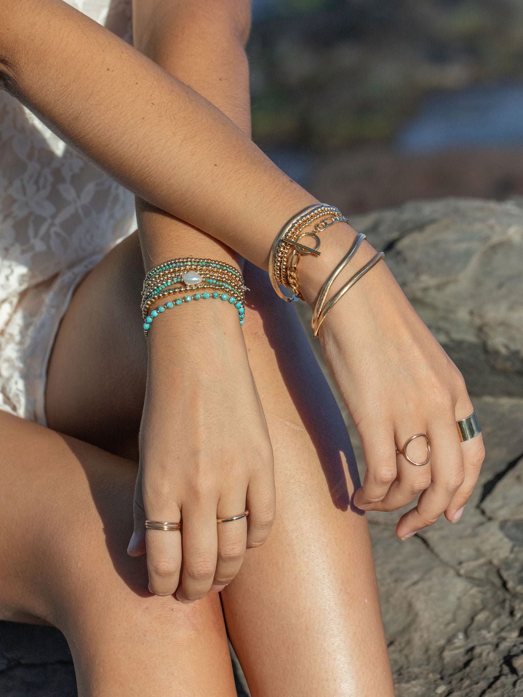 Gold Bracelet - Beaded Turquoise Bracelet - ke aloha jewelry