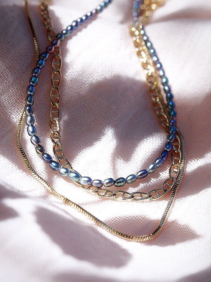 - Black Pearl & Gold Chain Layering Necklace Set - ke aloha jewelry