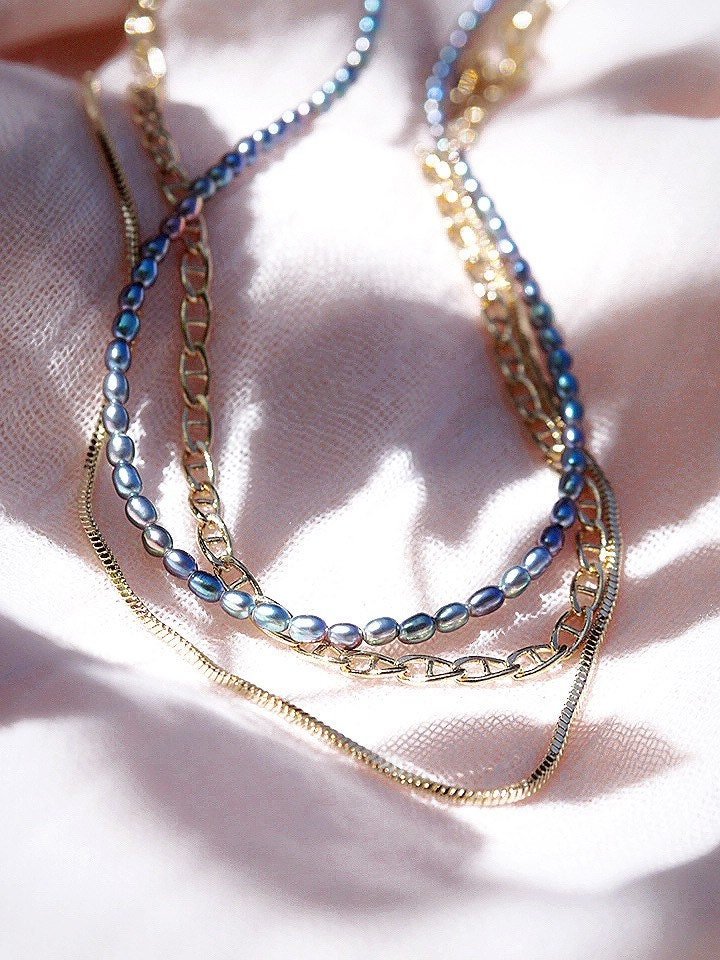 - Black Pearl & Gold Chain Layering Necklace Set - ke aloha jewelry