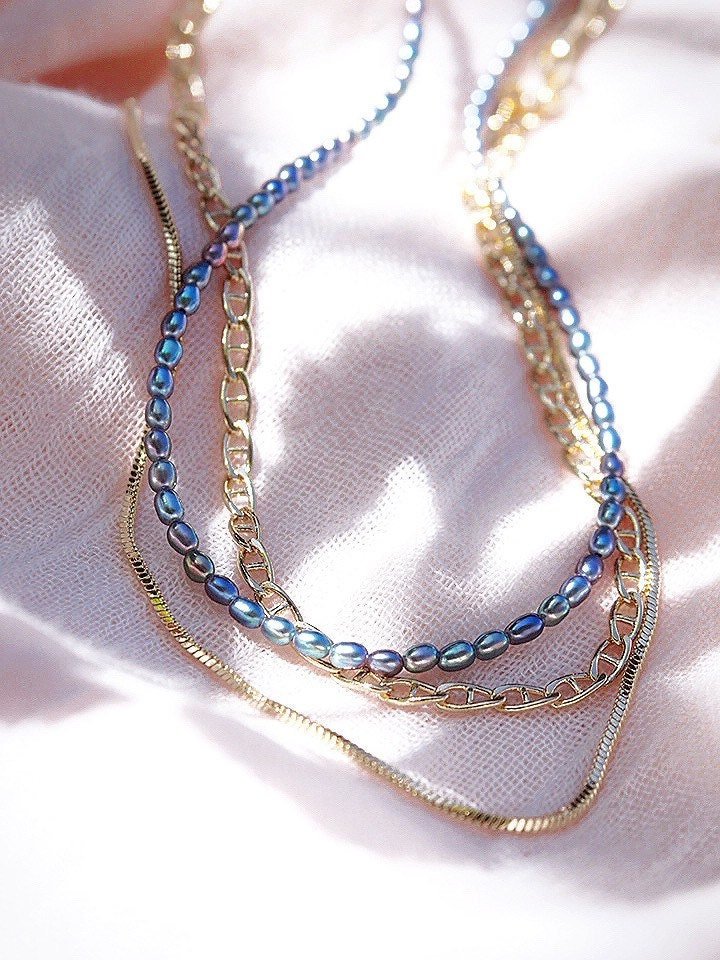 - Black Pearl & Gold Chain Layering Necklace Set - ke aloha jewelry