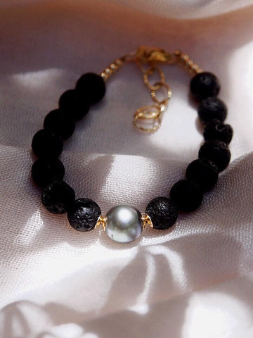 Gold Bracelet - Black Tahitian Pearl Lava Bead Bracelet - Roselani - ke aloha jewelry