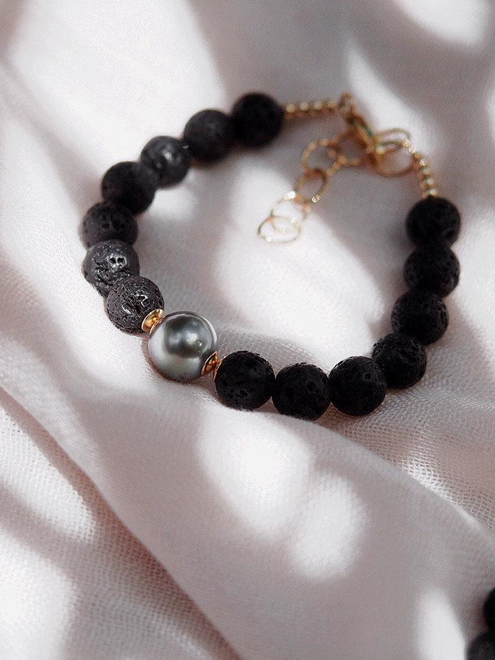 Gold Bracelet - Black Tahitian Pearl Lava Bead Bracelet - Roselani - ke aloha jewelry