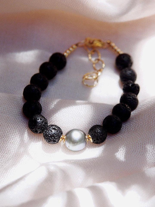 Gold Bracelet - Black Tahitian Pearl Lava Bead Bracelet - Roselani - ke aloha jewelry