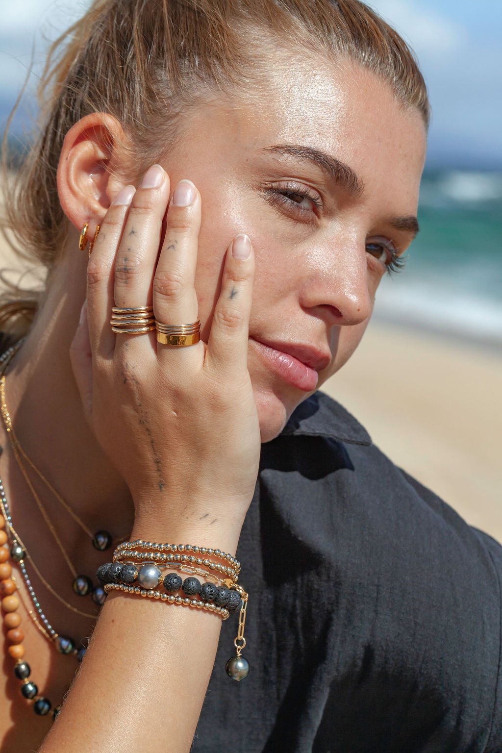 Gold Bracelet - Black Tahitian Pearl Lava Bead Bracelet - Roselani - ke aloha jewelry