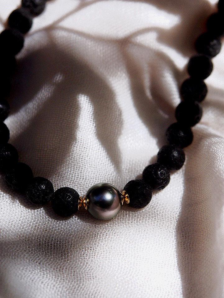 Gold Necklace - Black Tahitian Pearl Lava Bead Necklace - Roselani - ke aloha jewelry