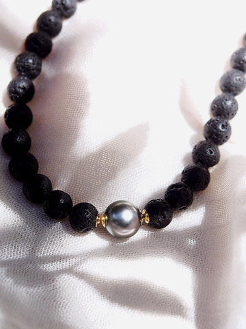 Gold Necklace - Black Tahitian Pearl Lava Bead Necklace - Roselani - ke aloha jewelry