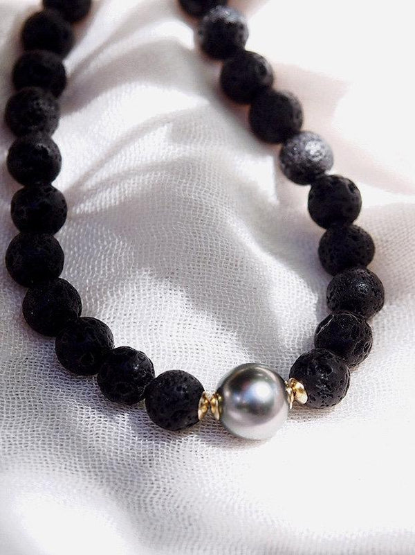 Gold Necklace - Black Tahitian Pearl Lava Bead Necklace - Roselani - ke aloha jewelry