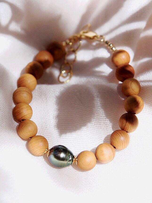 Gold Bracelet - Black Tahitian Pearl Sandalwood Bead Bracelet - Roselani - ke aloha jewelry