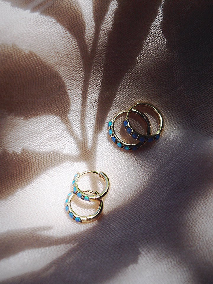 Earrings - Blue Opal Huggie Hoop Earrings - Kehaulani - ke aloha jewelry