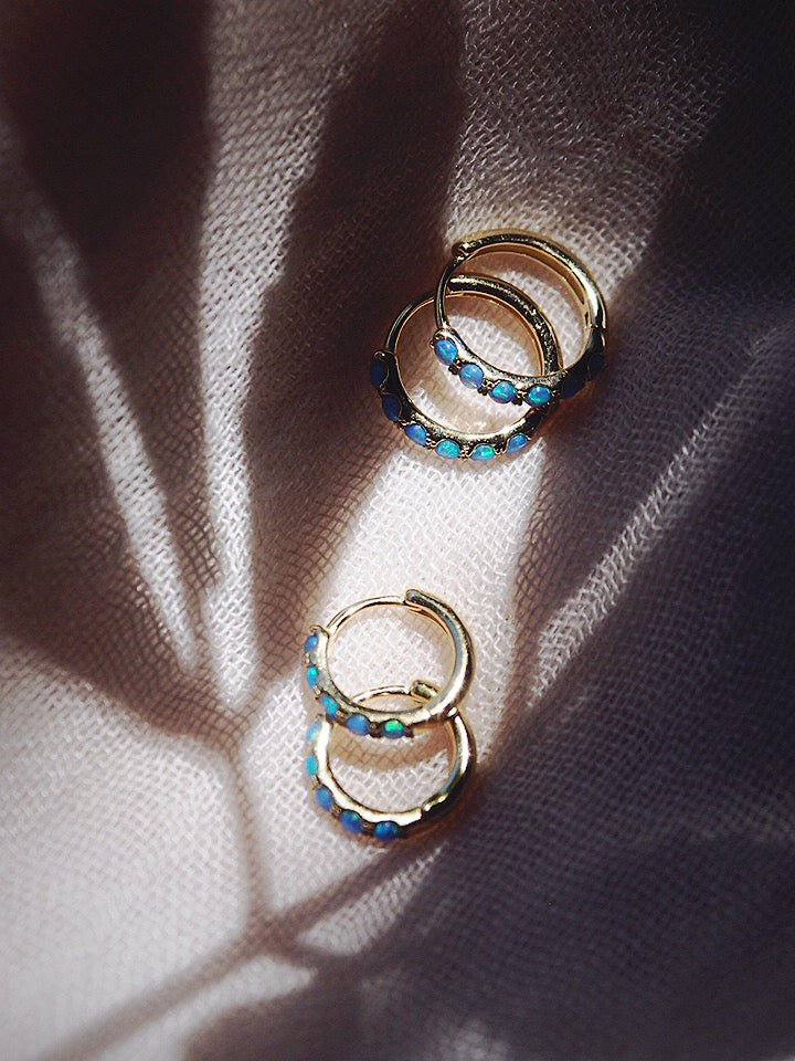 Earrings - Blue Opal Huggie Hoop Earrings - Kehaulani - ke aloha jewelry