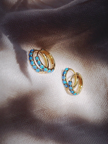 Earrings - Blue Opal Huggie Hoop Earrings - Kehaulani - ke aloha jewelry