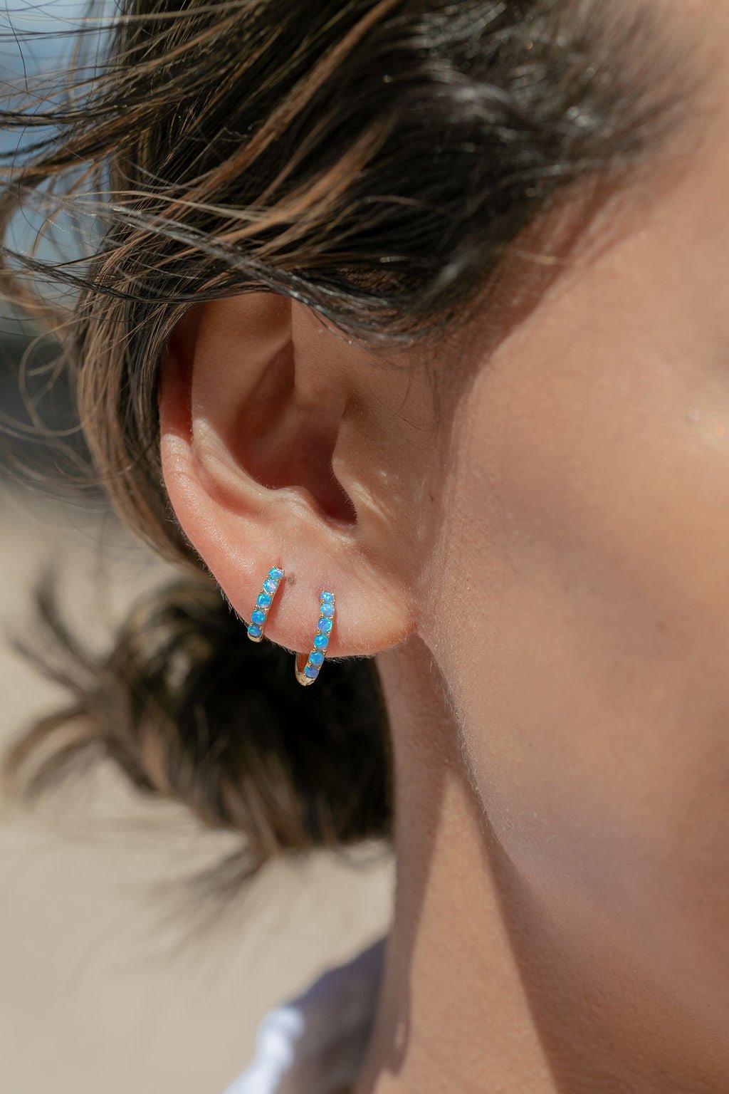 Earrings - Blue Opal Huggie Hoop Earrings - Kehaulani - ke aloha jewelry