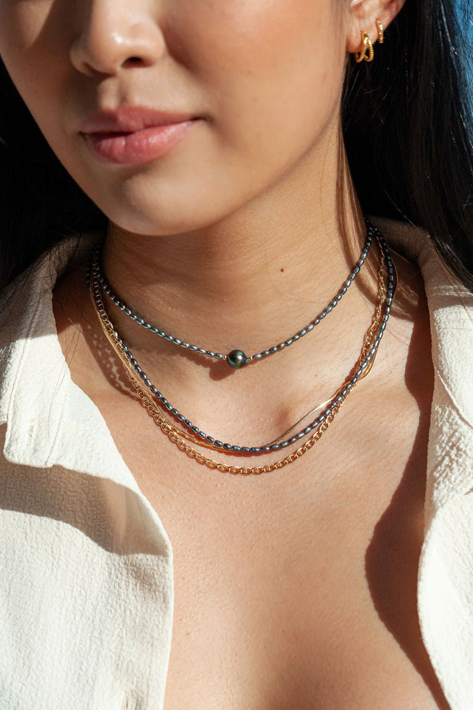 Gold Necklace - Dainty Black Pearl Neckace - Maile - ke aloha jewelry
