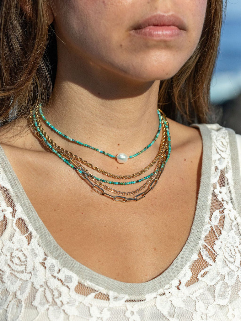 Gold Necklace - Dainty Pearl Turquoise Choker Necklace - ke aloha jewelry