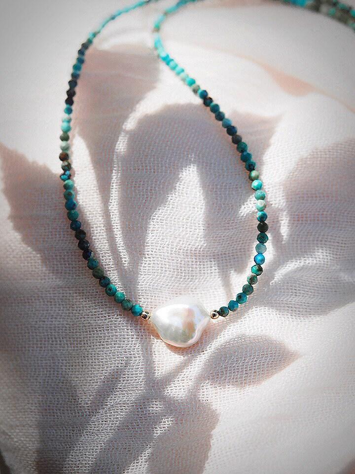 Gold Necklace - Dainty Pearl Turquoise Choker Necklace - ke aloha jewelry