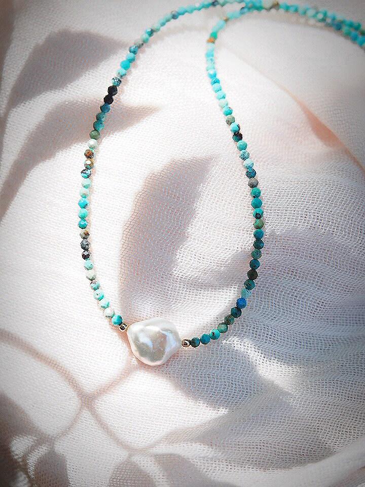 Gold Necklace - Dainty Pearl Turquoise Choker Necklace - ke aloha jewelry
