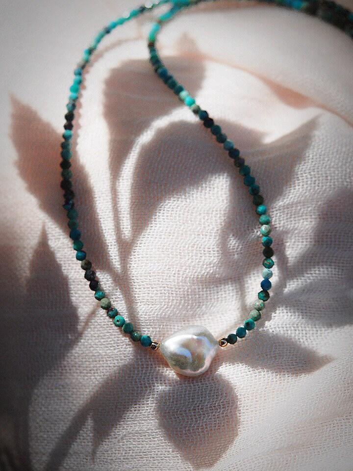 Gold Necklace - Dainty Pearl Turquoise Choker Necklace - ke aloha jewelry