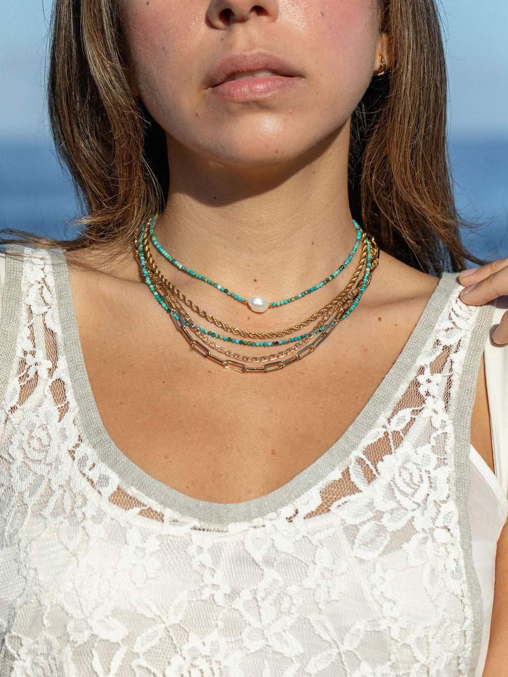 Gold Necklace - Dainty Pearl Turquoise Choker Necklace - ke aloha jewelry