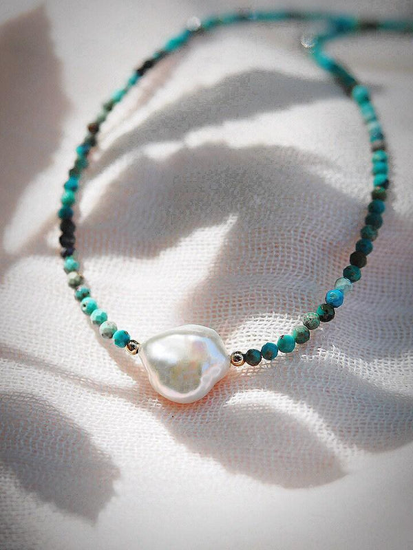 Gold Necklace - Dainty Pearl Turquoise Choker Necklace - ke aloha jewelry