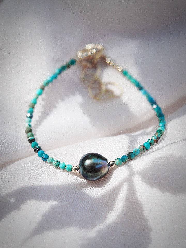 Dainty Silver Turquoise Tahitian Pearl Bracelet - Silver Ipo