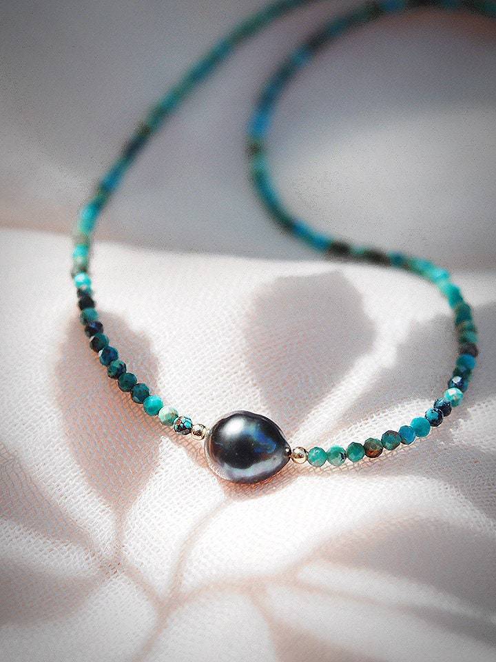 Gold Necklace - Dainty Tahitian Pearl Turquoise Choker Necklace - ke aloha jewelry